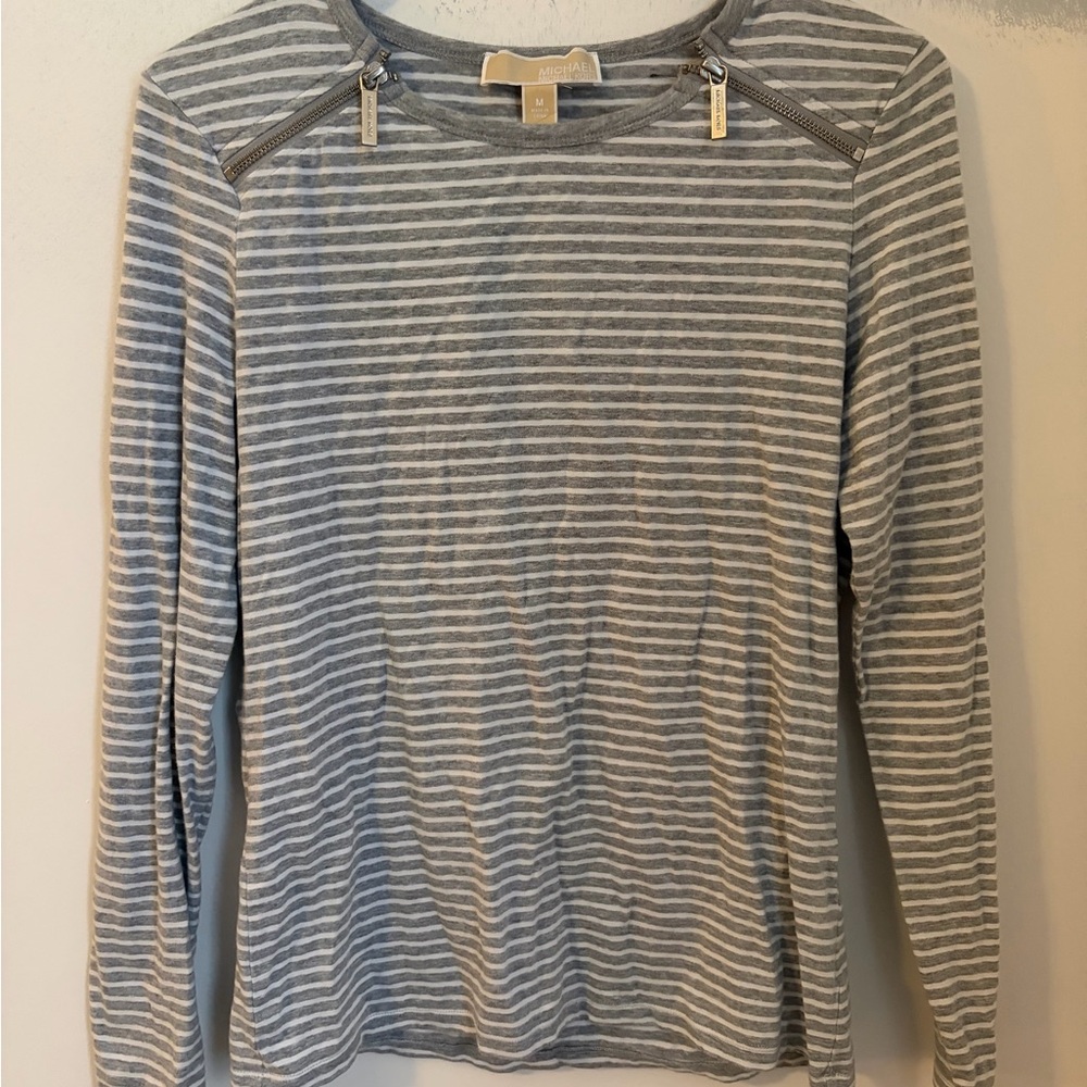 Michael Kors Gray and White Striped Long Sleeve Top